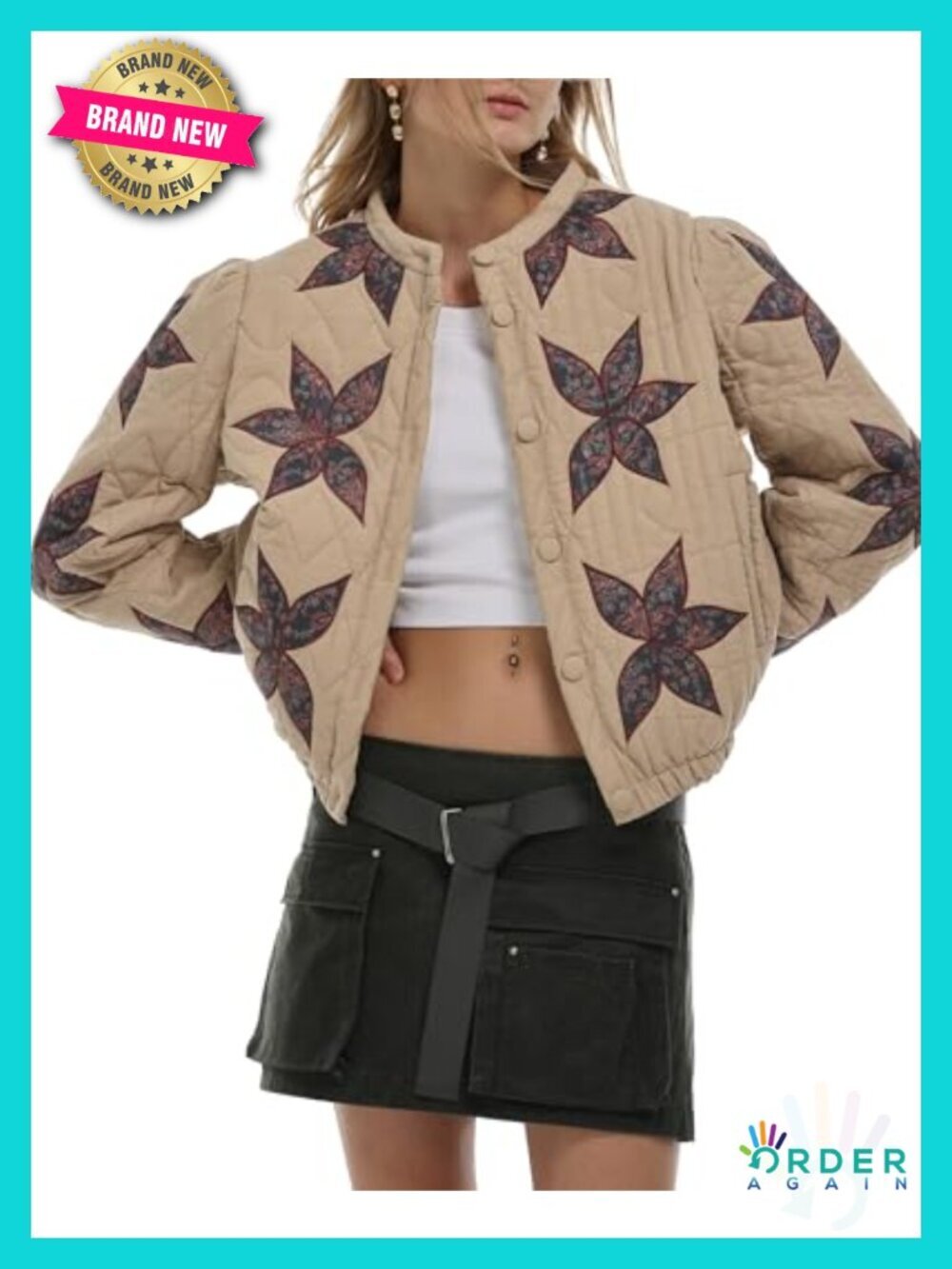 Floral Embroidered Cropped Quilted Jacket Lightweight Button Down Puffer Coat